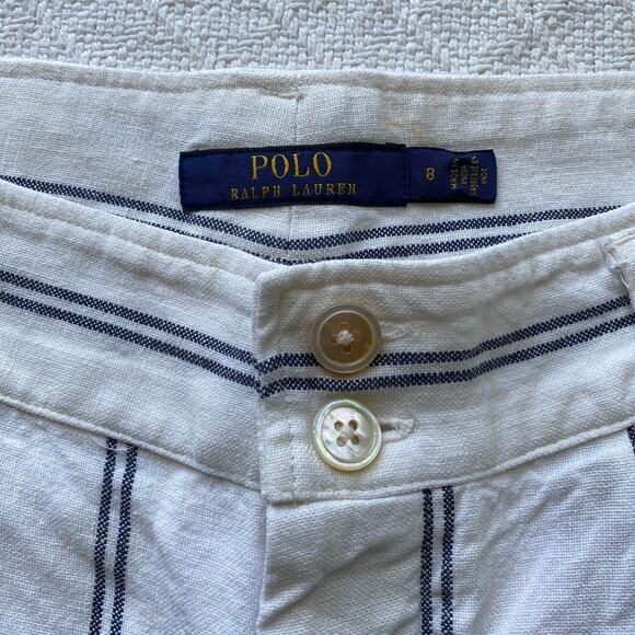 Polo Ralph Lauren Women's Linen Shorts Cream Navy Stripe High Rise Tailored 8 - Picture 5 of 10